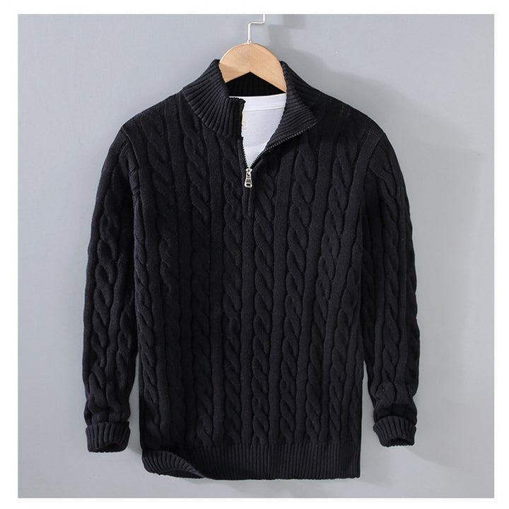 Men's cable knit semi-zip pullover made of soft cotton blend with stand-up collar Mune Fashion