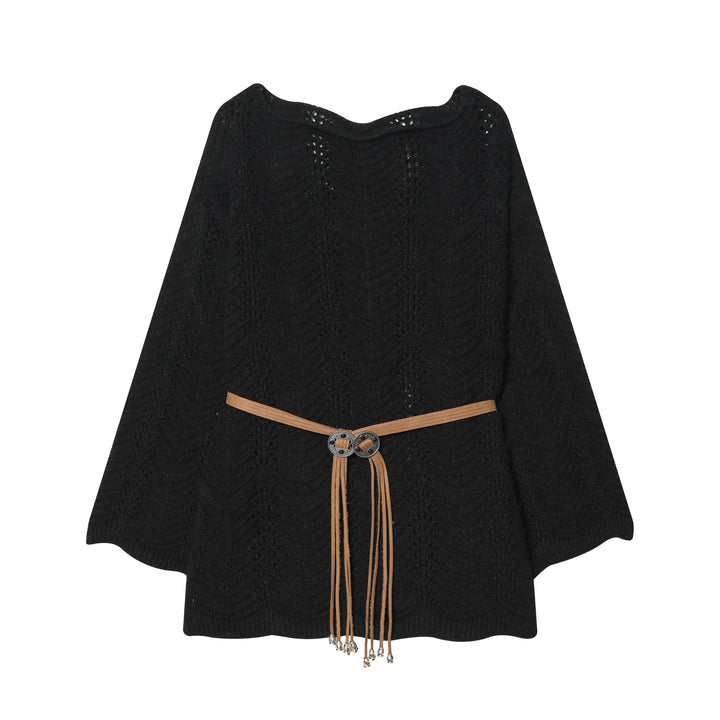 Ladies knit poncho cape with decorative leather belt Mune Fashion