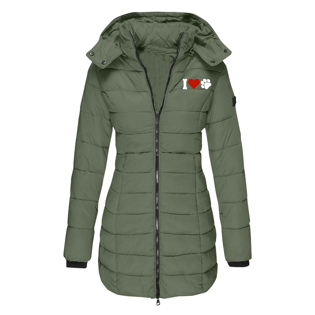 Women's quilted jacket with hood, tailored silhouette and heart paw print Mune Fashion