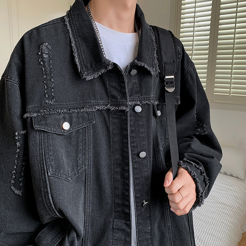 Men's Oversize Denim Jacket with Used Look, Frayed Edges and Snap Buttons Mune Fashion