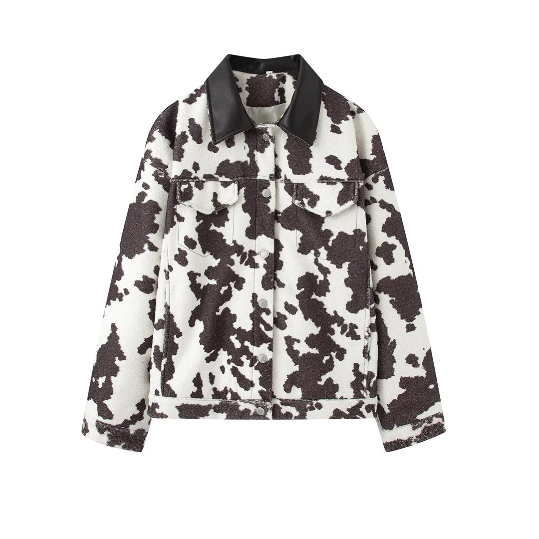 Women’s Short Jacket in Trucker Style with Cow Spot Pattern and Faux Leather Collar Mune Fashion