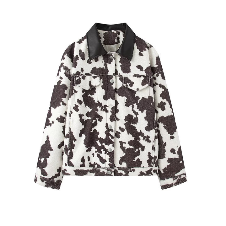 Women’s Short Jacket in Trucker Style with Cow Spot Pattern and Faux Leather Collar Mune Fashion