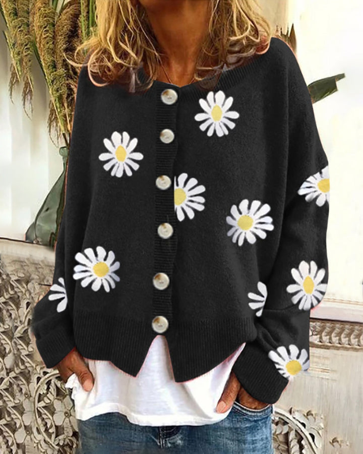 Women's Oversized Knit Cardigan with Button Placket and Daisy Print Mune Fashion