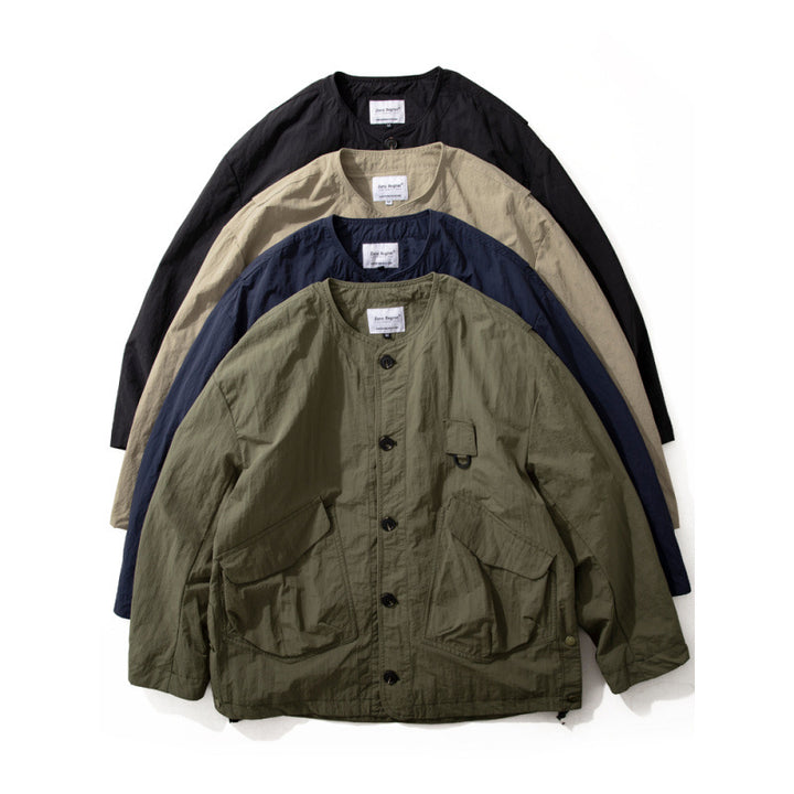 Men's Collarless Utility Field Jacket with Patch Pockets and Drawstring Mune Fashion
