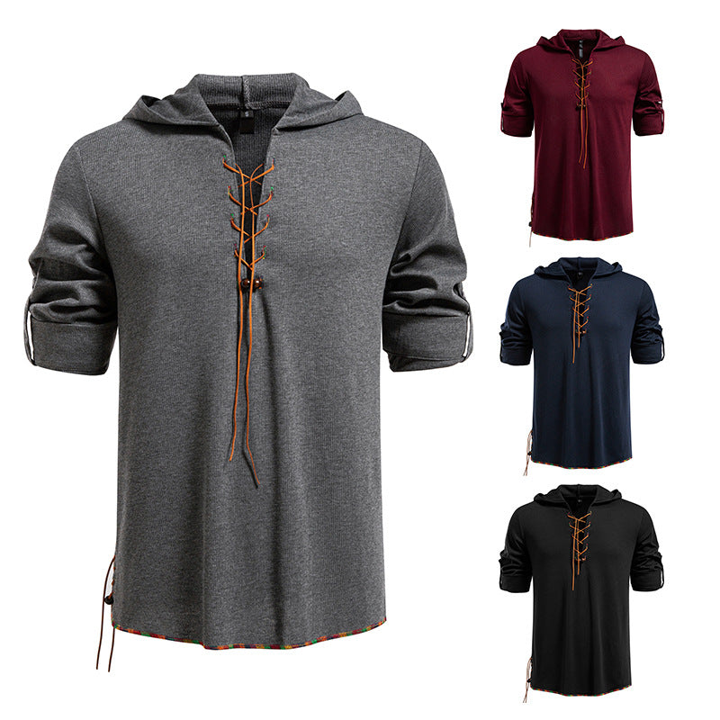 Men's Lightweight Hooded Long Sleeve Shirt with Lace Front and Roll-up Three-Quarter Sleeves Mune Fashion