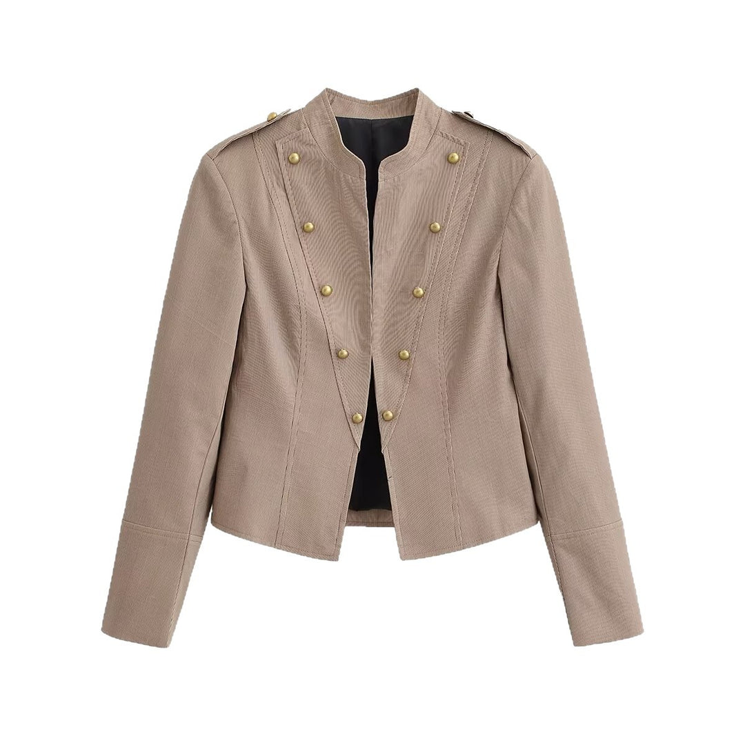 Women's Short Tailored Military Jacket with Stand-Up Collar and Decorative Buttons Mune Fashion
