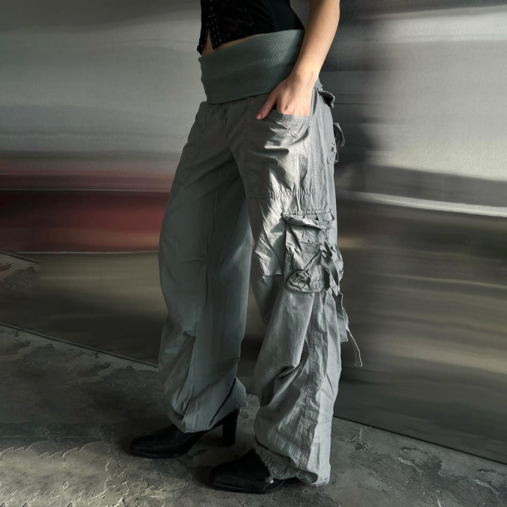 Women's Wide Cargo Pants with High Cuff, Utility Pocket and Drawstring Mune Fashion