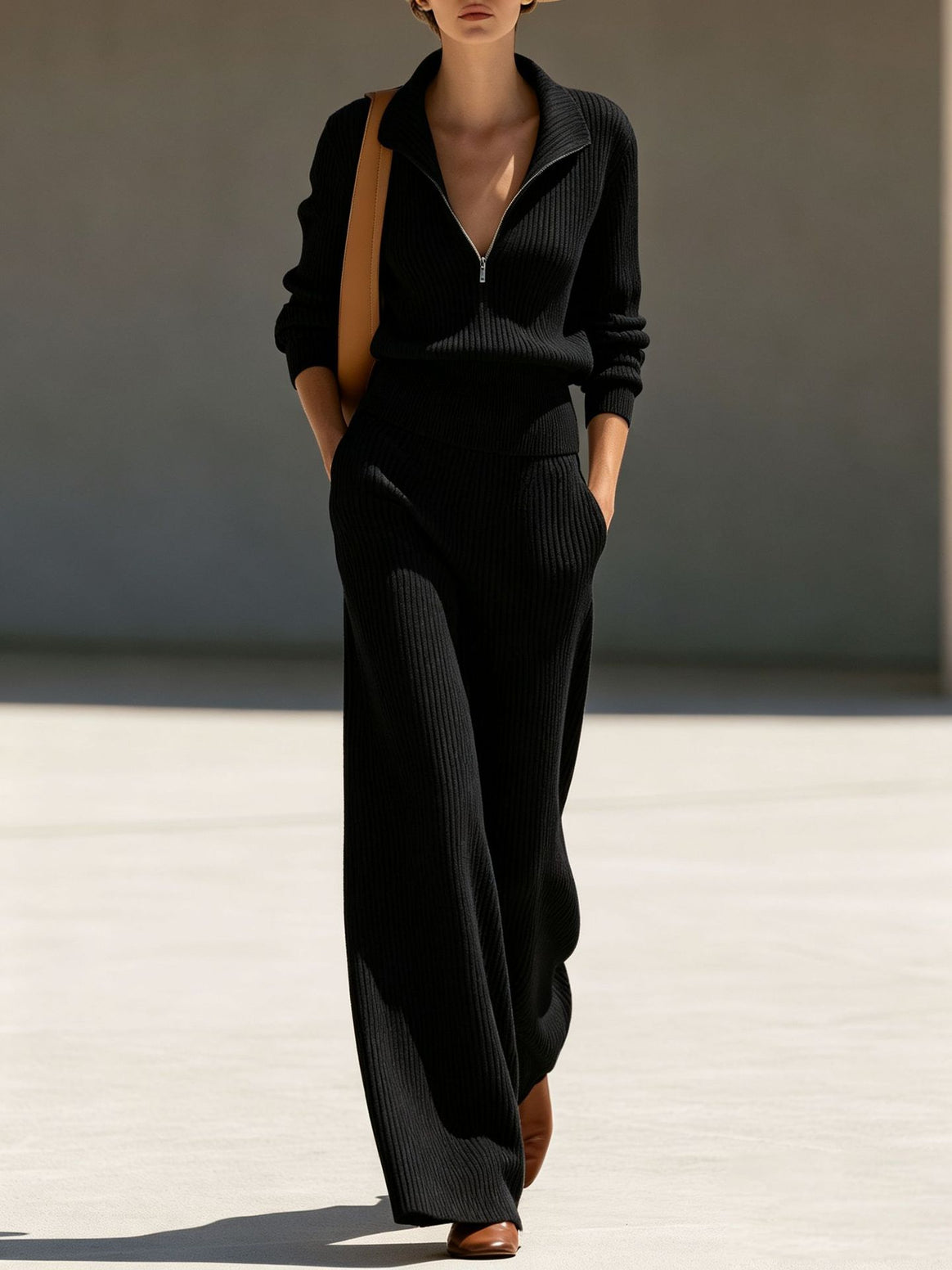 Women's ribbed knit set with half zipper and wide palazzo pants Mune Fashion