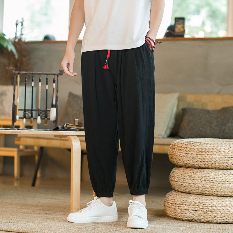 Men's loose harem pants with elastic waistband and decorative drawstring Mune Fashion