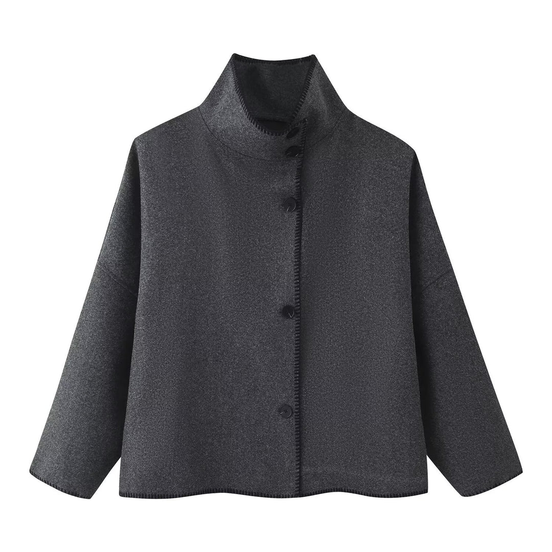 Women's Short Boxy Coat-Cape with Standing Collar and Contrast Decorative Stitch Mune Fashion