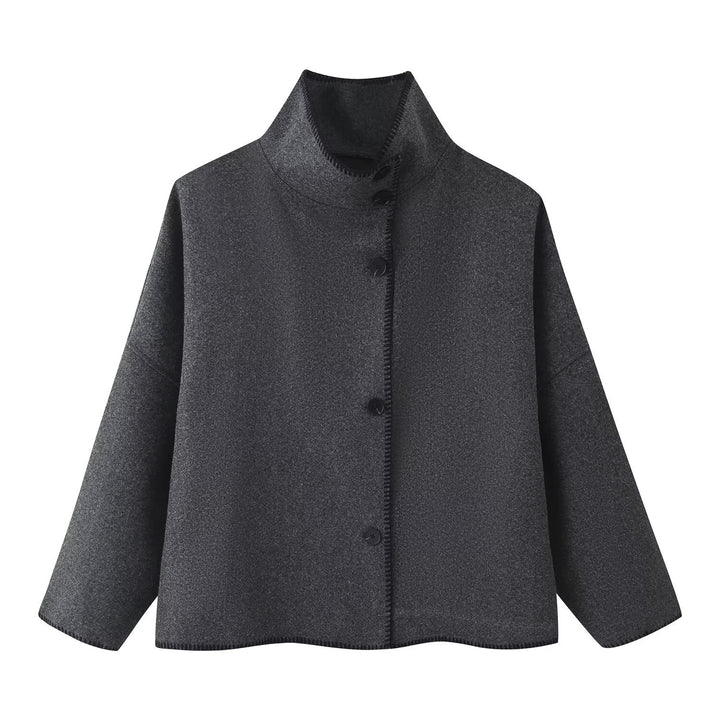 Women's Short Boxy Coat-Cape with Standing Collar and Contrast Decorative Stitch Mune Fashion