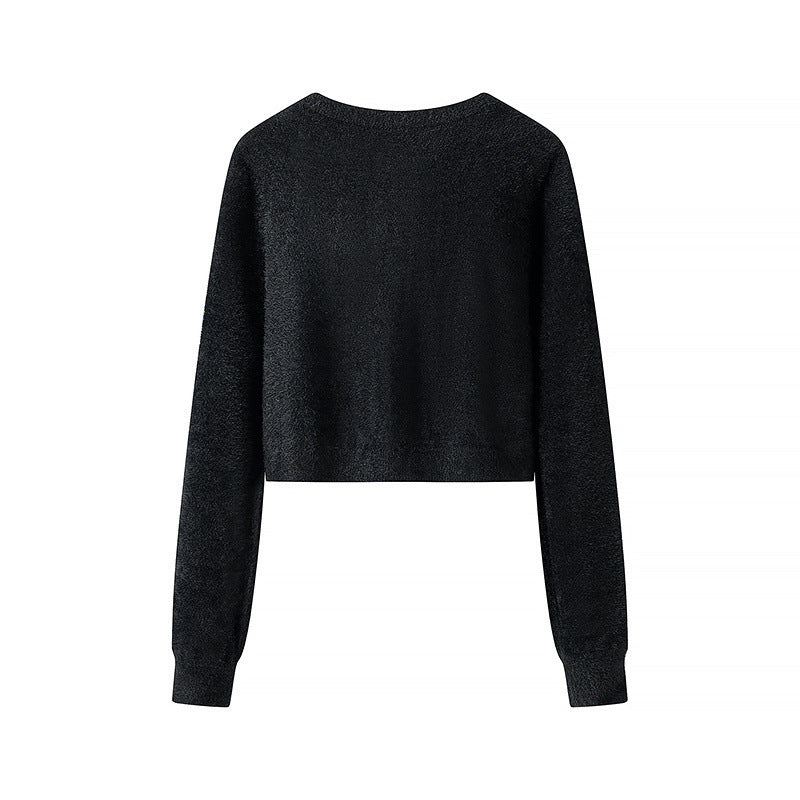 Women Fluffy Cropped Cardigan with Round Neck and Decorative Button Placket Mune Fashion