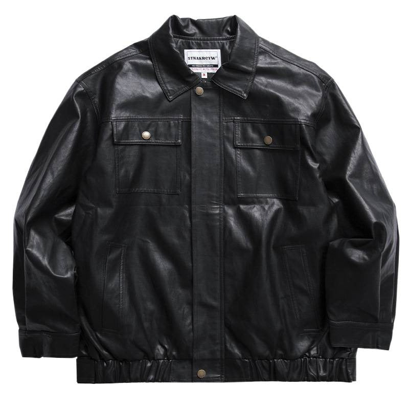 Men's Oversized Leather Look Utility Jacket with Flap Pockets and Elastic Hem Mune Fashion
