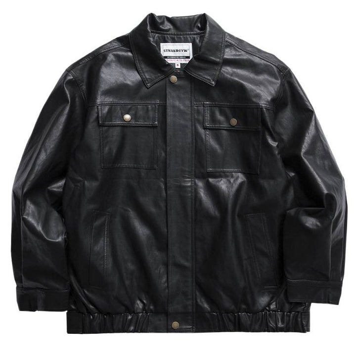 Men's Oversized Leather Look Utility Jacket with Flap Pockets and Elastic Hem Mune Fashion