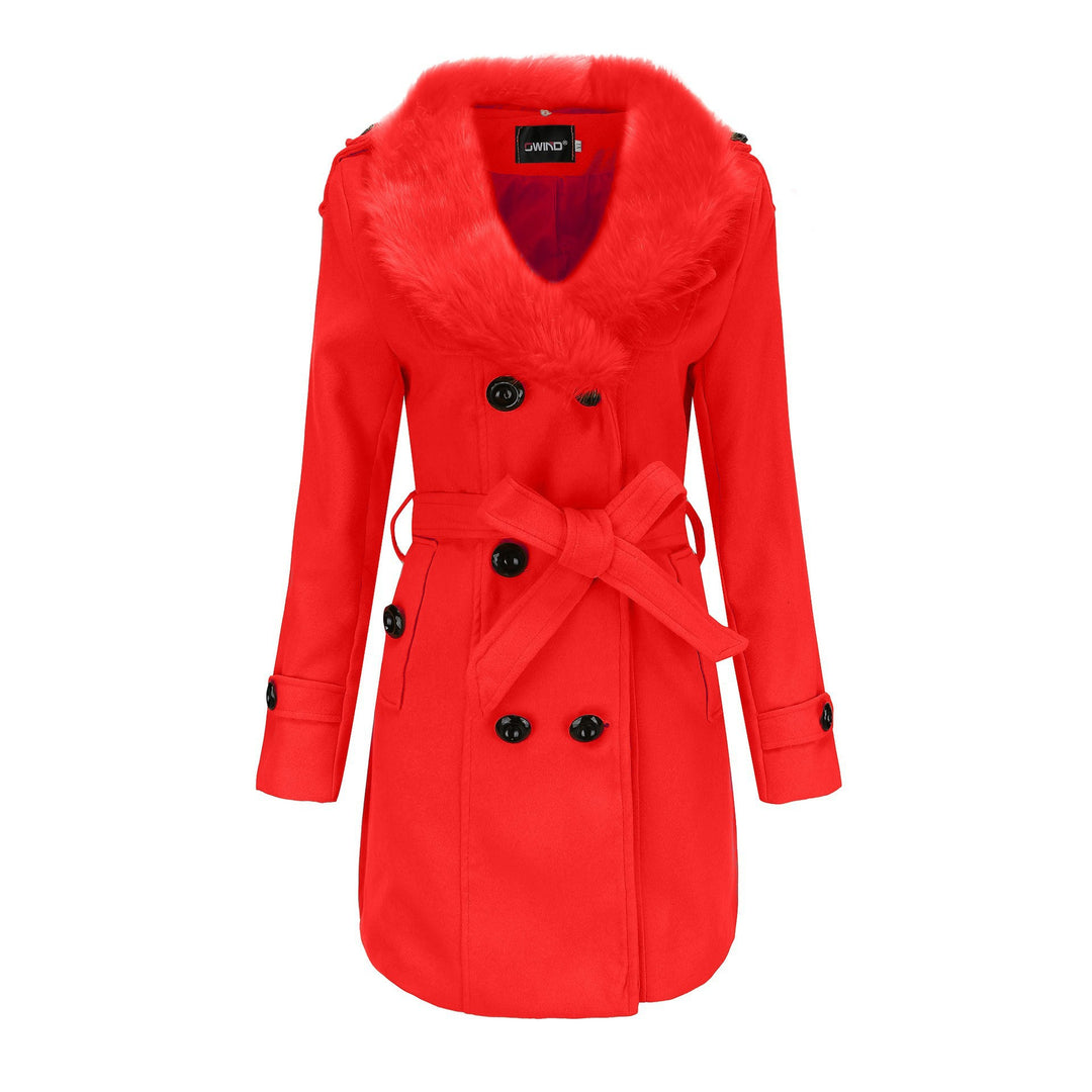 Women's midi double-breasted coat with full faux fur shawl collar and wrap belt Mune Fashion