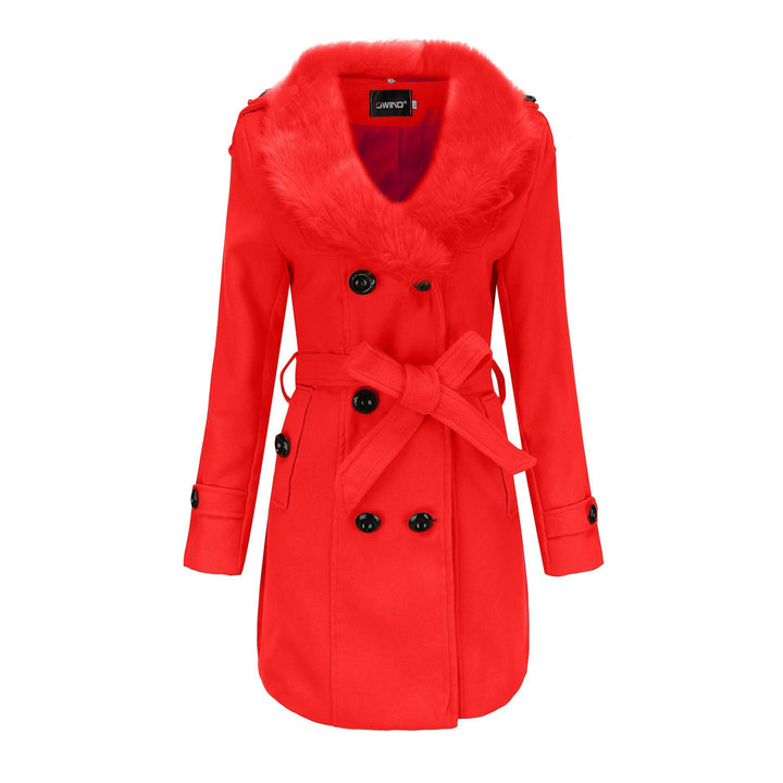 Women's midi double-breasted coat with full faux fur shawl collar and wrap belt Mune Fashion