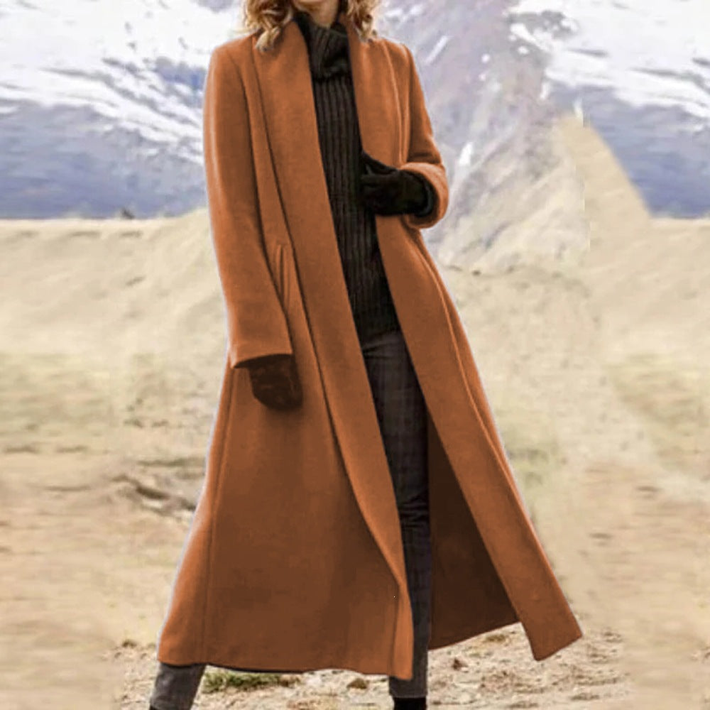 Women elegant long wool blend coat with open fall and side pockets Mune Fashion