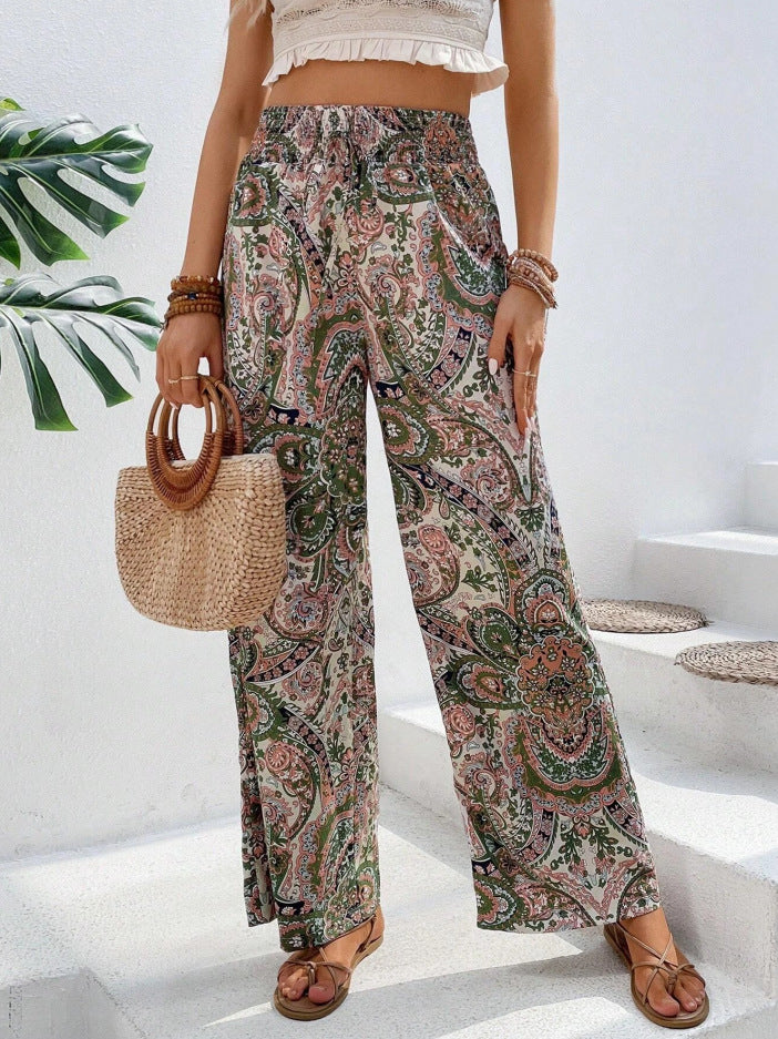 Ladies Palazzo Pants with Wide Leg, Elastic Smocked Waistband and Paisley Print Mune Fashion
