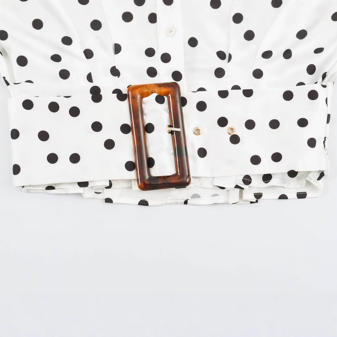 Women's Polka Dot Cropped Blouse with Wide Waist Belt and Balloon Sleeves Mune Fashion