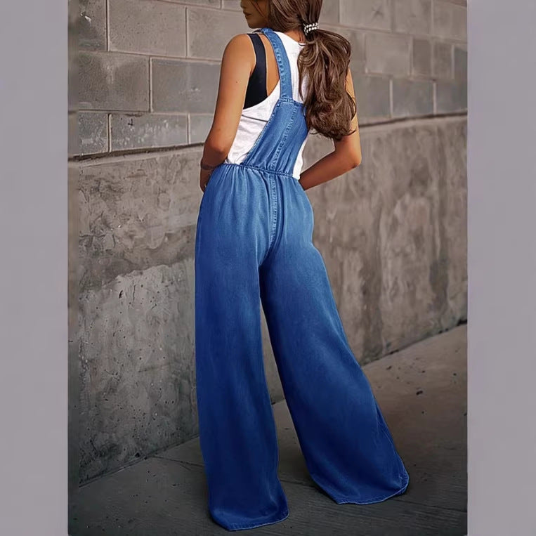 Women's Wide Denim Overall in Palazzo Cut with Adjustable Straps Mune Fashion
