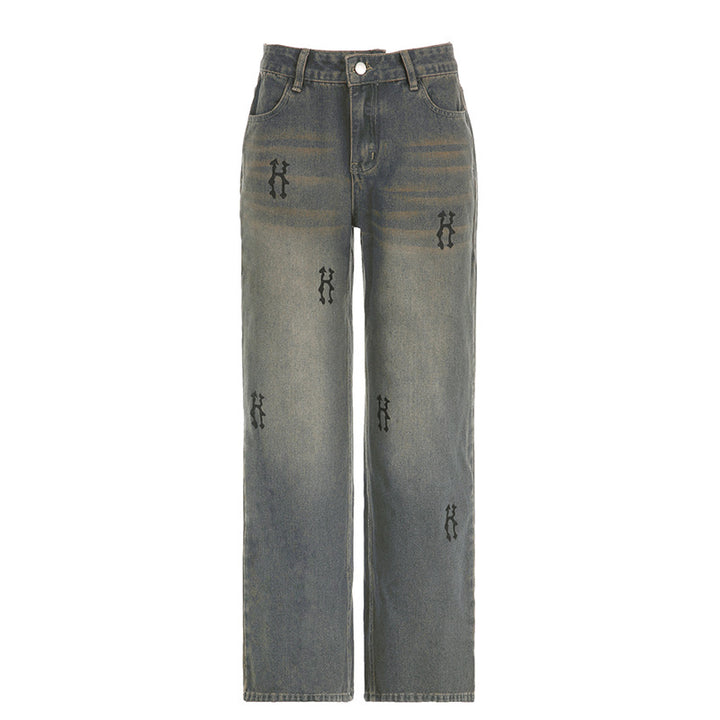 Women's high-waisted wide denim jeans with straight leg, five-pocket and tone-on-tone embroidery Mune Fashion