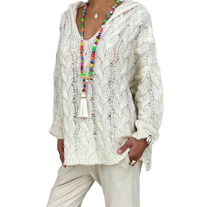 Women’s oversized hooded sweater with cable knit pattern, deep V-neck and side slits Mune Fashion