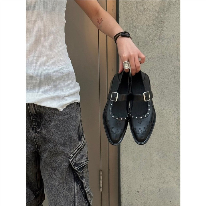 Women's pointed Mary-Jane loafers with studded detailing and adjustable buckle strap Mune Fashion