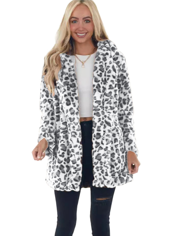 Women's Faux-Fur Leopard-Print Hooded Plush Mid-Length Coat Mune Fashion
