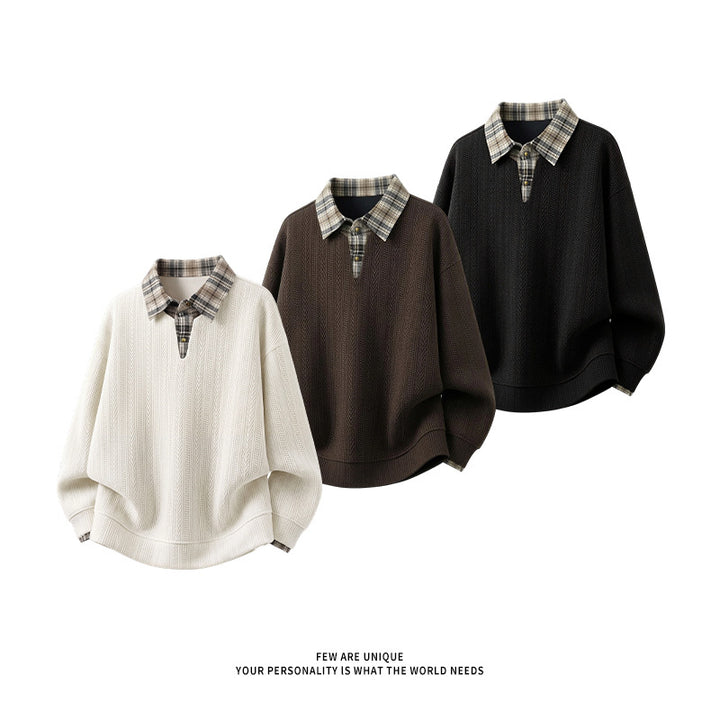 Men's layered look pullover with integrated check shirt collar Mune Fashion