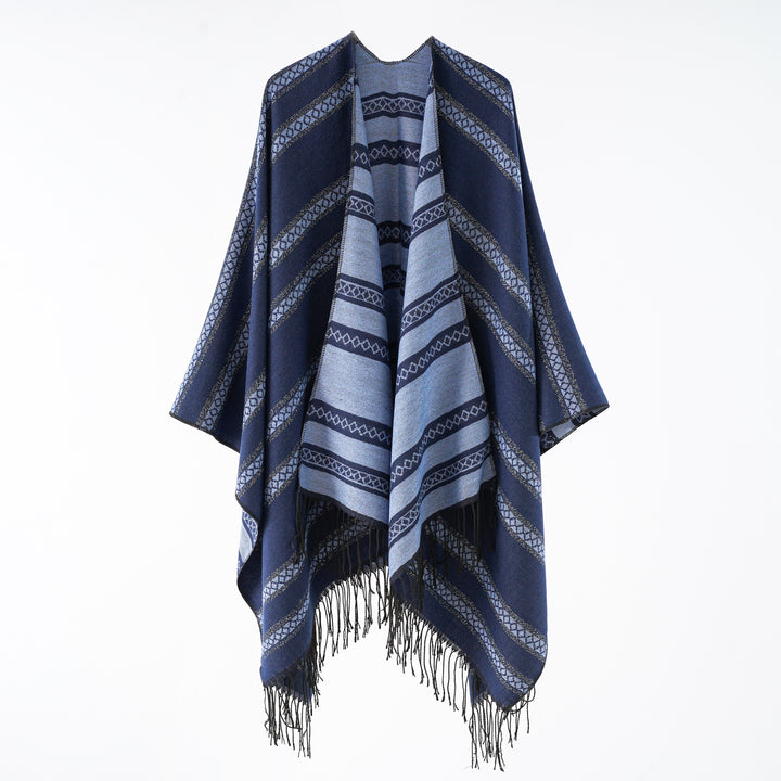 Women's wool blend wrap poncho in jacquard stripe with fringes Mune Fashion