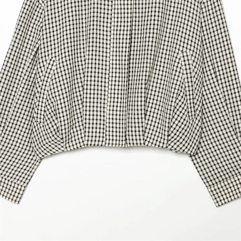 Women's short-cut boxy blouse in Vichy check with stand-up collar and elastic hem Mune Fashion