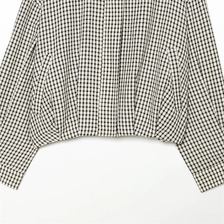 Women's short-cut boxy blouse in Vichy check with stand-up collar and elastic hem Mune Fashion