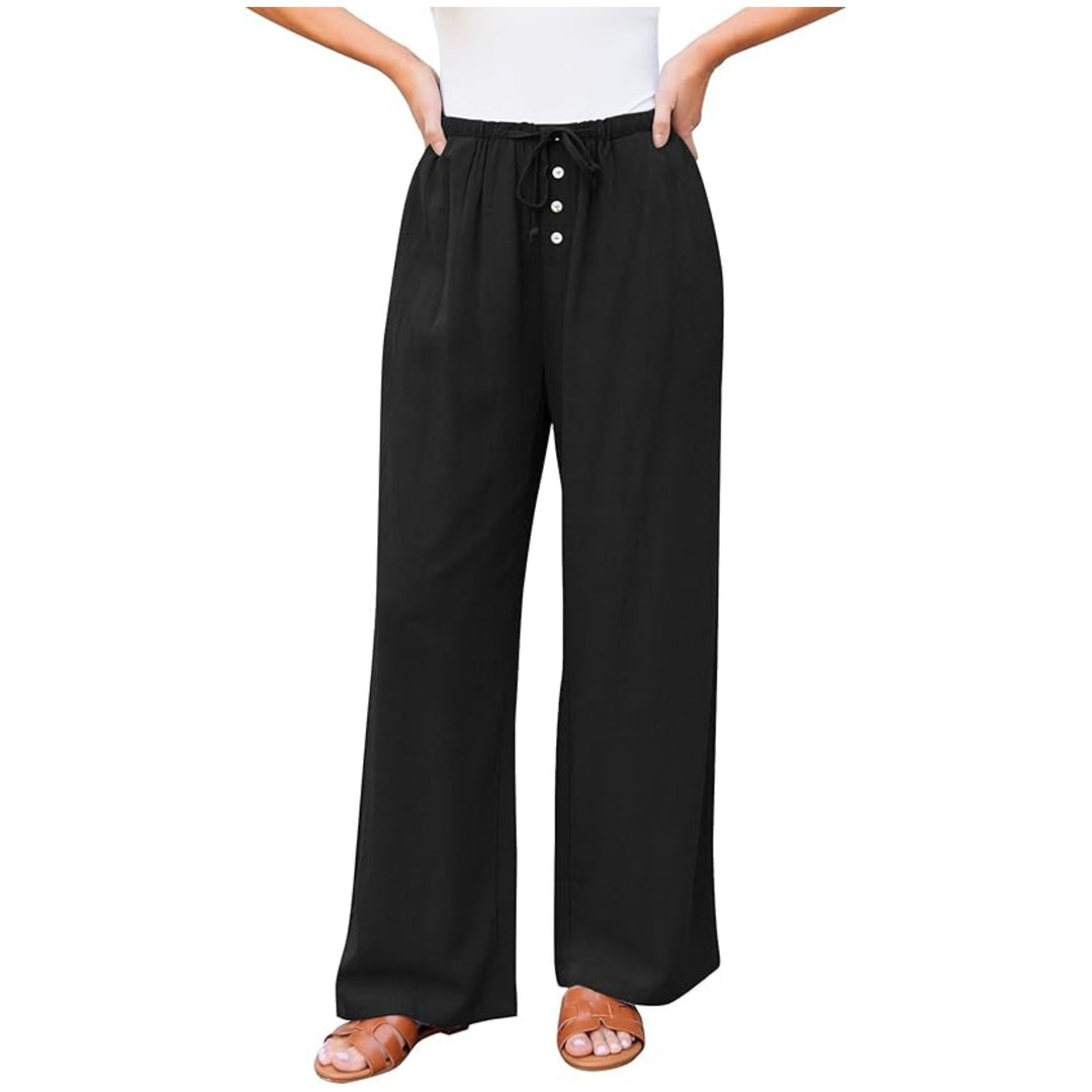 Women's wide linen pants with elastic waistband, drawstring, and button placket Mune Fashion