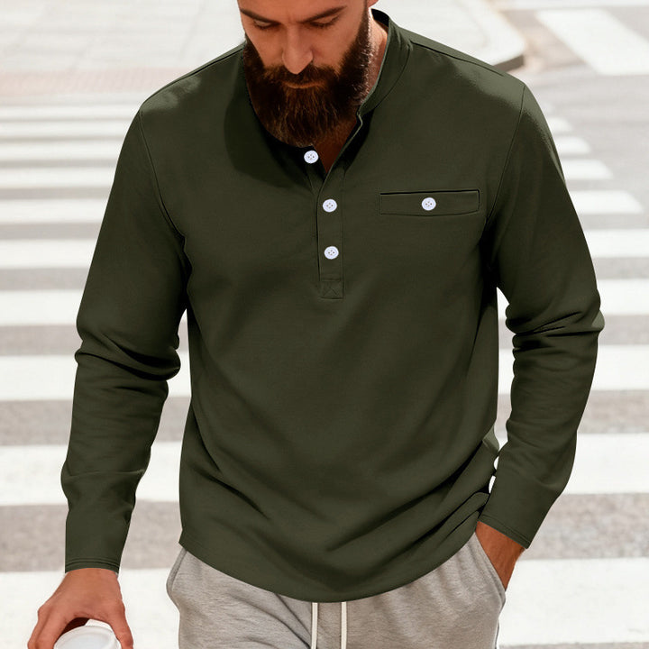 Men's Casual Henley Long Sleeve Shirt with Stand-Up Collar, Chest Pocket, and Curved Hem Mune Fashion
