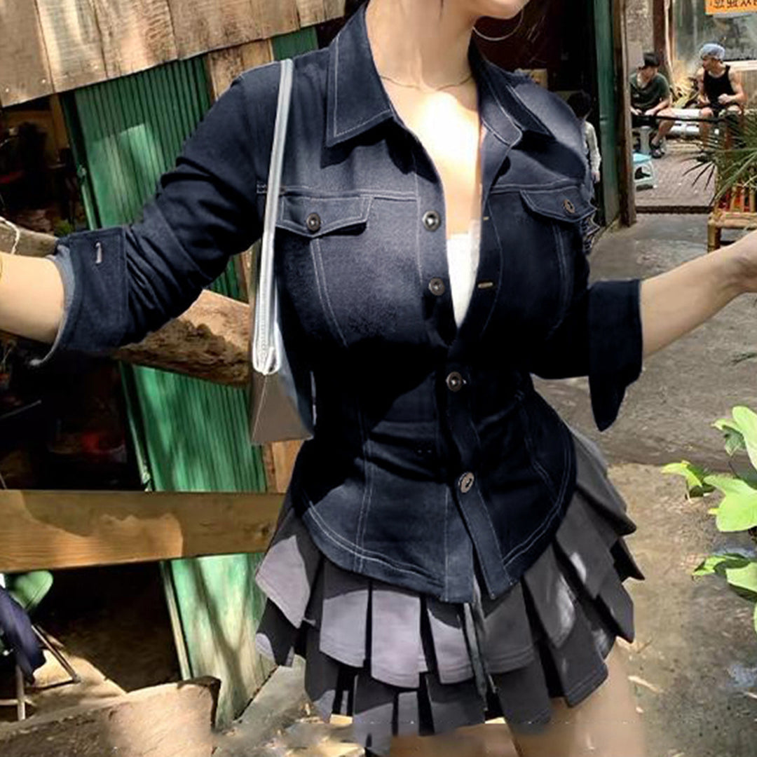 Women's fitted denim jacket with striking contrast seams, chest pockets, and figure-flattering cut Mune Fashion