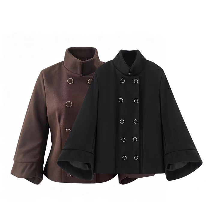 Women's short jacket in double-breasted with stand-up collar, tailored silhouette and bell sleeves Mune Fashion