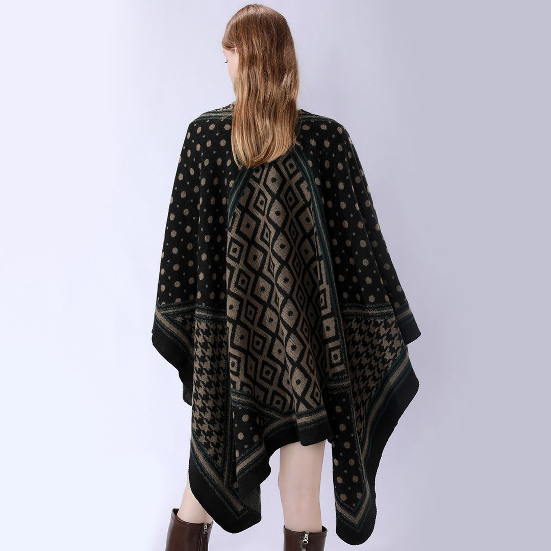 Women's Coarse Woven Cape Wrap with Houndstooth and Border Pattern Mune Fashion