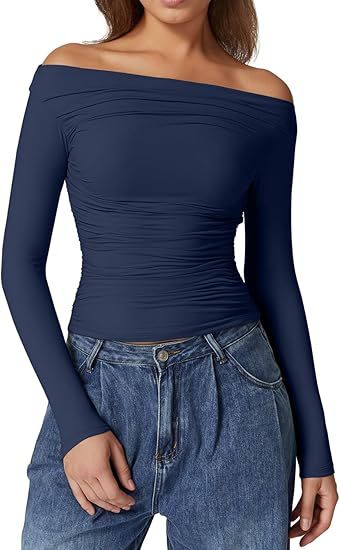 Women's Off-Shoulder Tailored Stretch Long Sleeve with Gathering and Figure-Hugging Silhouette Mune Fashion