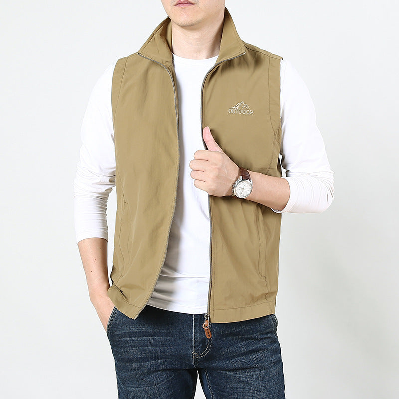Men's Sleeveless Utility Vest with Stand Collar, Zipper and Pockets Mune Fashion