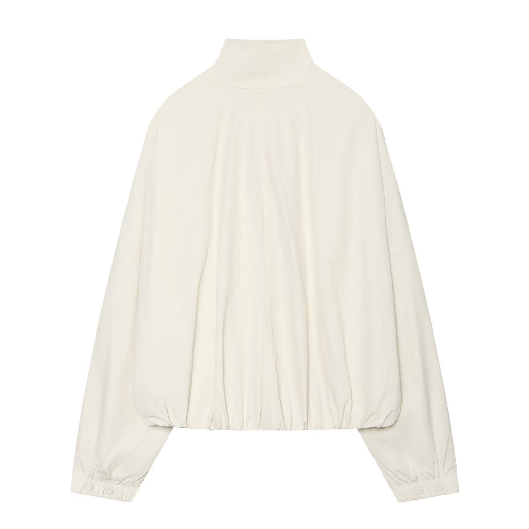 Women's cropped jacket with high stand-up collar, full button placket, and balloon sleeves Drune