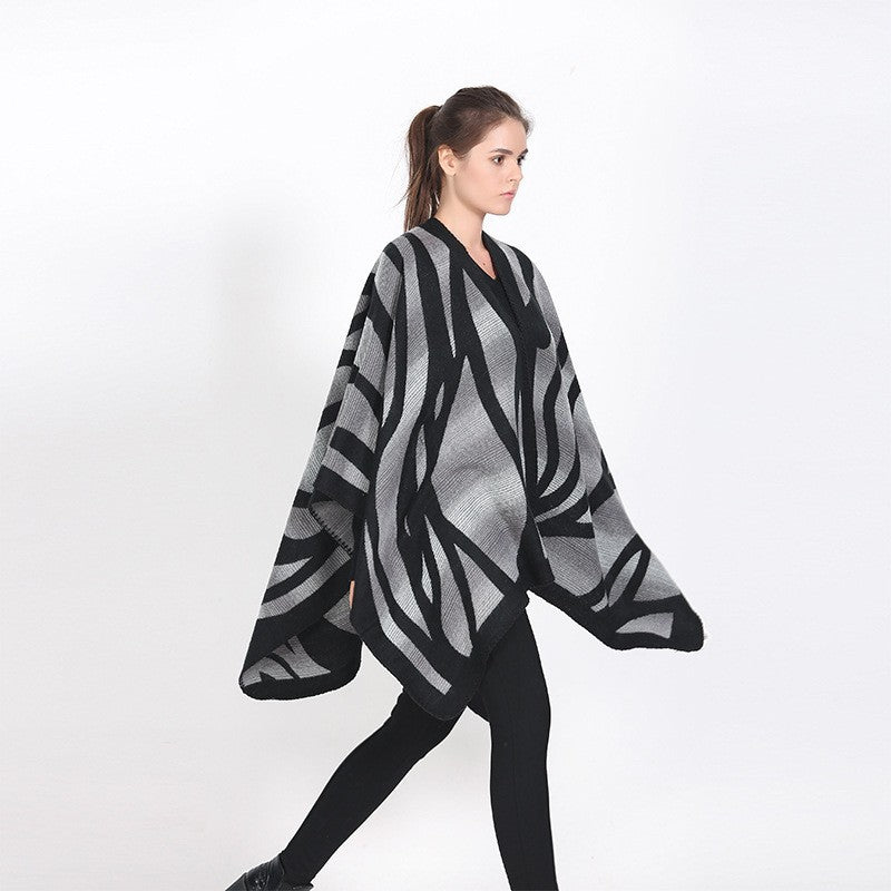 Women's textured knit cape with asymmetric wrap style and jacquard pattern Mune Fashion