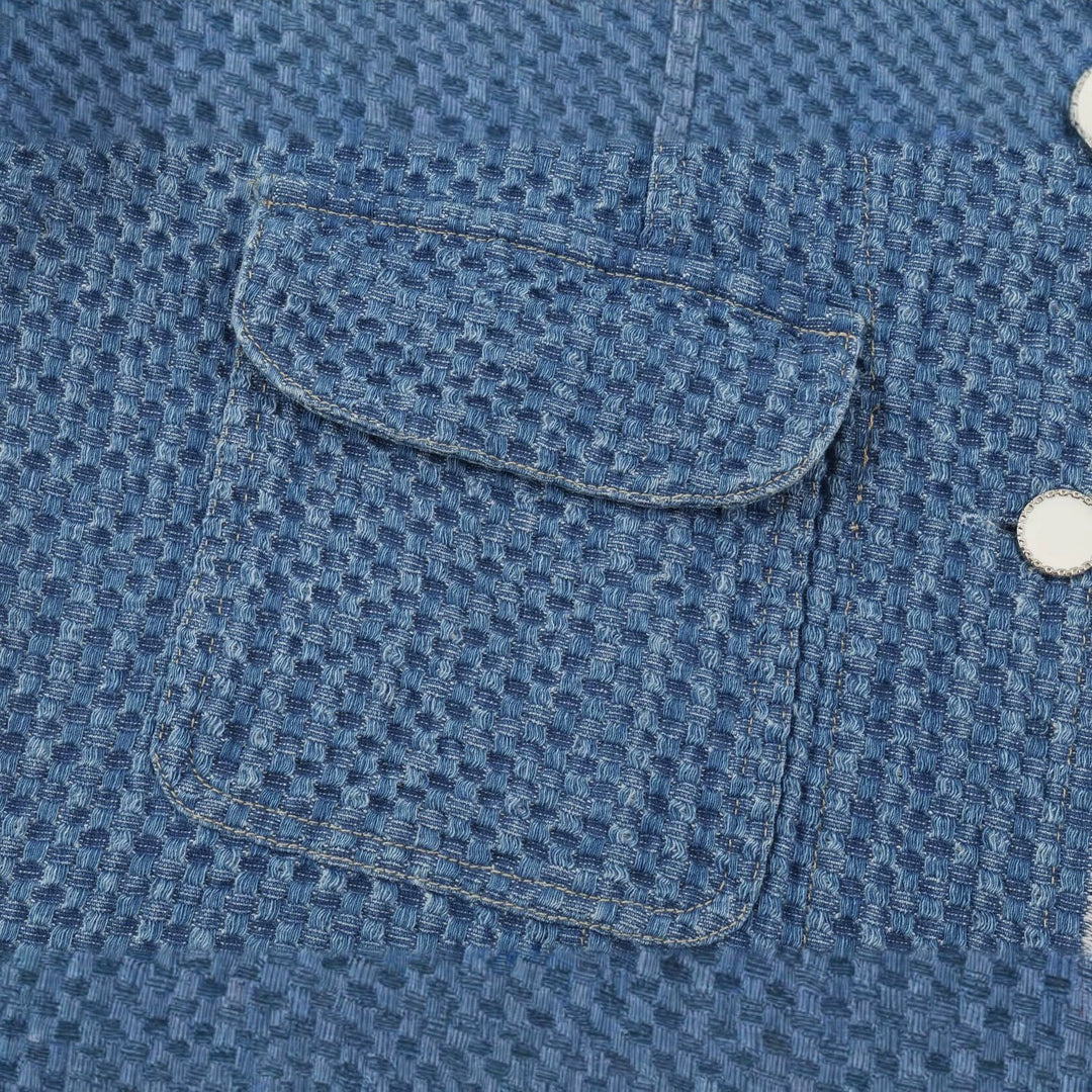 Ladies Cropped Boxy Denim Jacket with Waffle Texture, Patch Pockets and Fringe Trim Mune Fashion