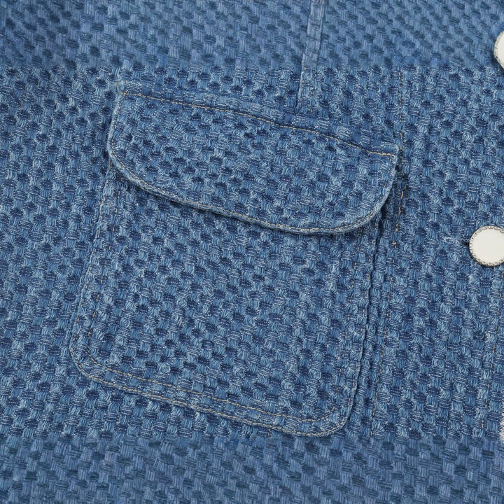 Ladies Cropped Boxy Denim Jacket with Waffle Texture, Patch Pockets and Fringe Trim Mune Fashion