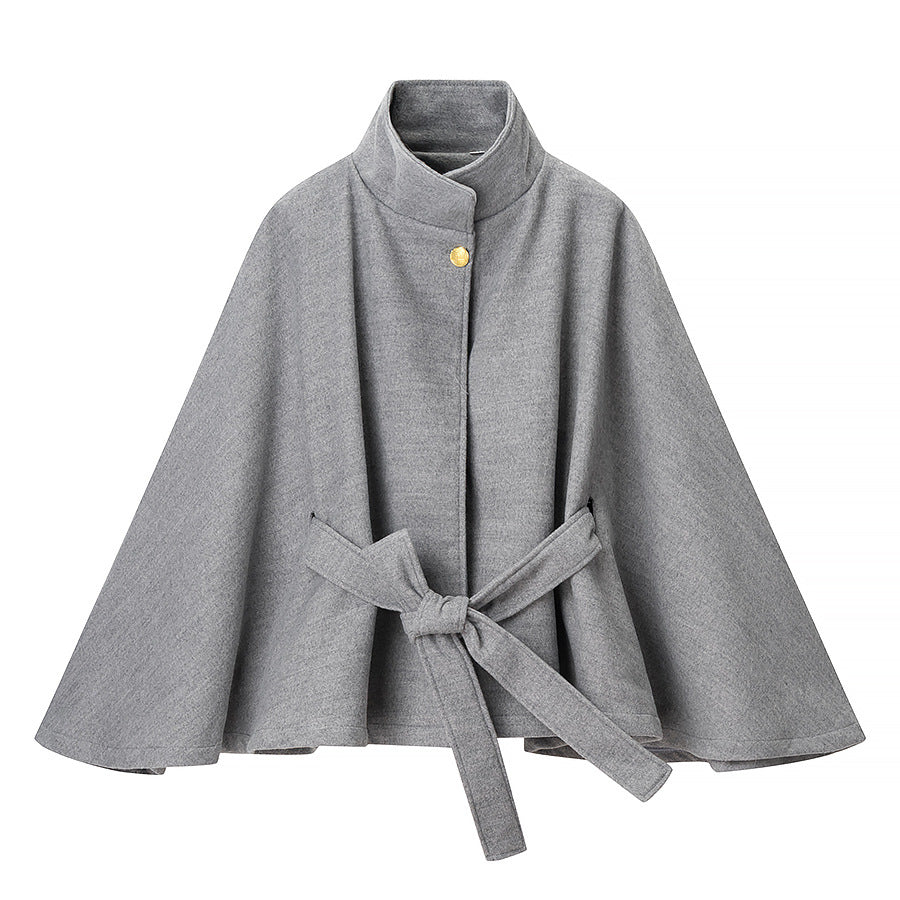 Women's short cape coat made of wool blend with stand-up collar, wide kimono sleeves, and tie belt Mune Fashion