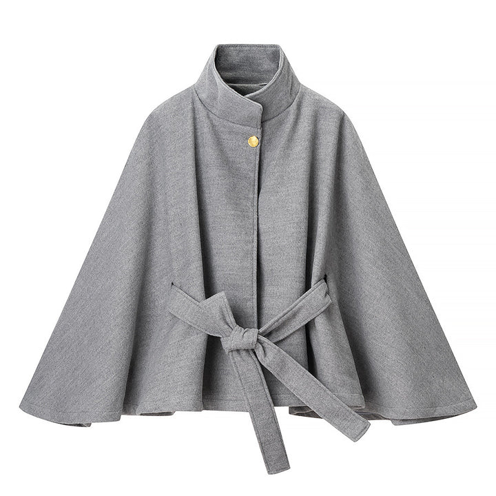 Women's short cape coat made of wool blend with stand-up collar, wide kimono sleeves, and tie belt Mune Fashion