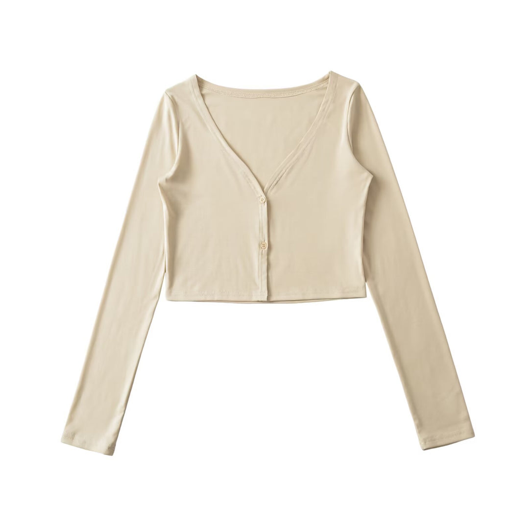 Women Cropped Jersey Cardigan with Deep V-Neck and Narrow Button Placket Mune Fashion