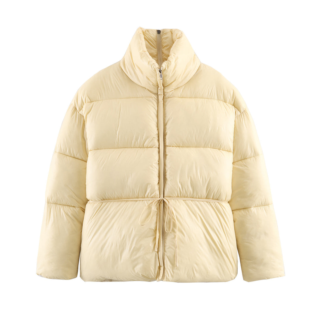 Women's Padded Short Jacket with Drawstring Waist and High Stand-Up Collar Mune Fashion