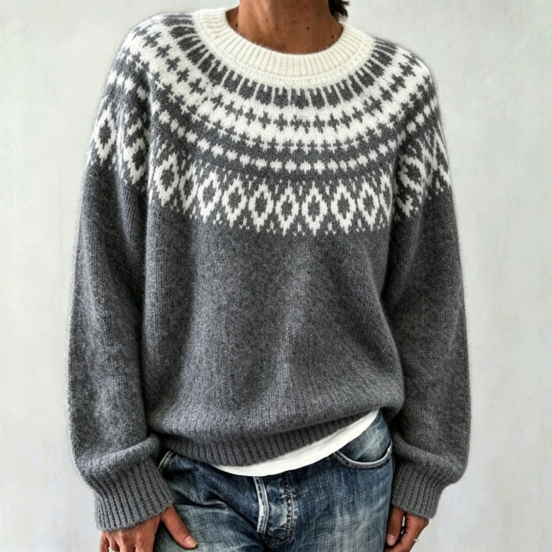 Women Round Neck Norwegian Sweater with Fair Isle Jacquard Mune Fashion