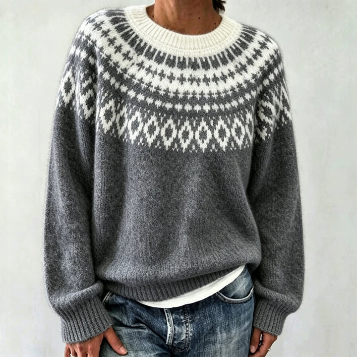 Women Round Neck Norwegian Sweater with Fair Isle Jacquard Mune Fashion