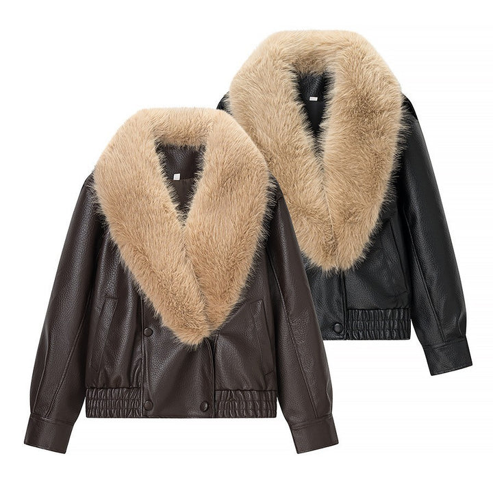 Women's bomber jacket made of leather look with voluminous fur collar Mune Fashion